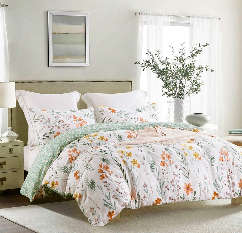 SLEEPBELLA Duvet Cover Queen, 600 Thread Count Cotton 3pcs Bedding Set Yellow Flowers and Green Branches Printed on White Reversible Comforter Cover - Image 3